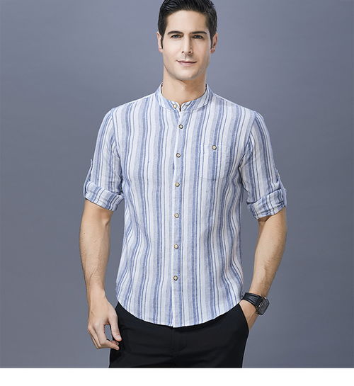 男休閑條紋立領亞麻半袖襯衣中年爸爸裝夏季新品薄款棉麻短袖襯衫牌服