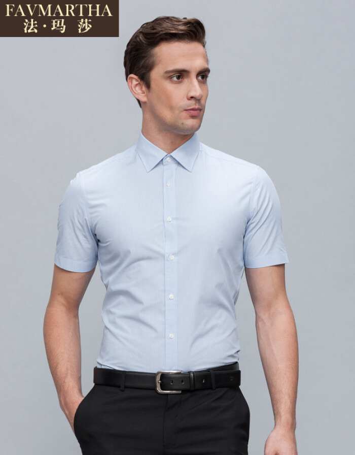 法瑪莎男裝2016夏季新款男士短袖襯衫時尚商務休閑條紋襯衣 紅色 02/165