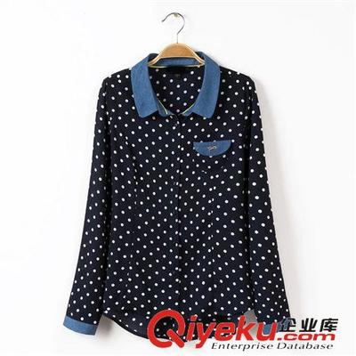 D03-96-071 F.M.P 韓版牛仔拼接娃娃領波點雪紡襯衫圖片|D03-96-071 F.M.P 韓版牛仔拼接娃娃領波點雪紡襯衫產品圖片由蘇州市居上服飾公司生產提供-