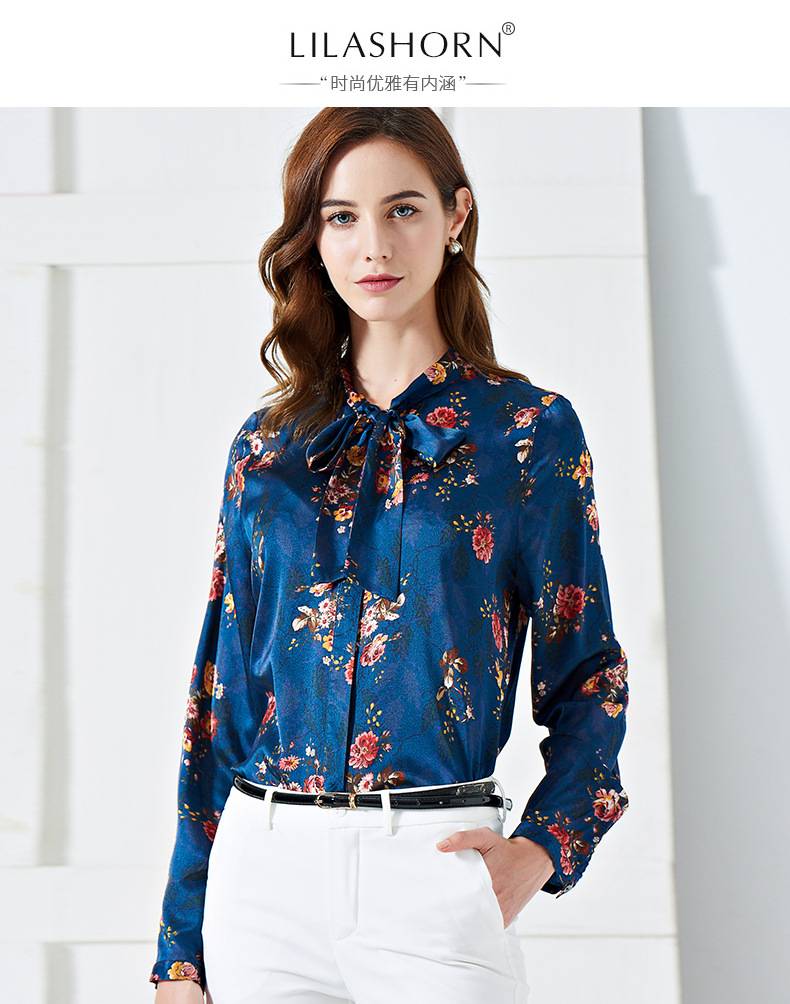 施悅名2019新品春秋精品女裝歐美高檔系帶長袖真絲襯衫女印花桑蠶絲襯衣