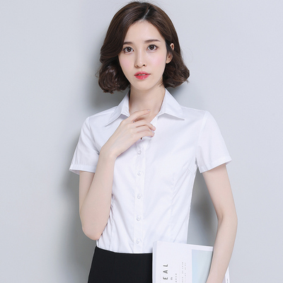 新款白襯衫女短袖V領(lǐng)襯衣棉夏裝職業(yè)修身純色工作服韓版正裝寸衫